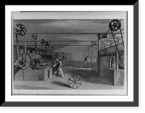 Carding, drawing, roving and spinning." Interior of textile mill in operation", Vintage Print