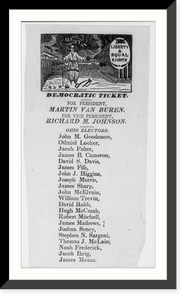 1837 Ohio electoral ticket for Van Buren and Johnson; illus. of magician" showing magic lantern scene of "liberty and equal rights" with U.S. Mint. in background", Vintage Print