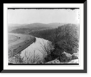 River bend at cliff with railroad tracks and hay stacks, Lexington, Va, Antique Print