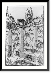 Mining methods in 16th Century England: a mine with timbered shafts, shown in section; winding mechanism from hauling ore up the shafts and men pushing wheelbarrows thru underground galleries Ant