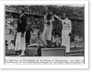 Black & White Photo - Olympic medal winners in women's foil fencing