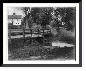 Historic Framed Print, [Rural scenes of children fishing: Whittier's barefoot boy" fishing off wooden bridge]",  17-7/8" x 21-7/8"