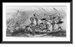 Medieval warfare - cavalry attacking massed infantry bearing long spears, Vintage Poster
