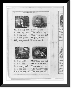 McGuffey's Eclectic Primer (Cincinnati, 1849), showing log hut, washtub, bed, and cat, Antique Print
