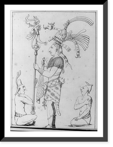 Mayan Indian standing with ornate headdress and staff. 2 Indians seated, Antique Print