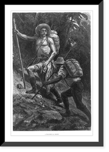 2 men with staffs climbing through forest slope (Mexico), Antique Poster