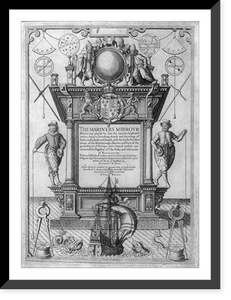 Title page of The Mariners Mirror, 1588. Ornate border vignettes of marine scenes and navigational equipment, Antique Print