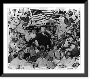 Franklin Delano Roosevelt, bust portrait, facing slightly right, wearing hat, surrounded by a composite of approx. 60-60 photos of himself, Antique Poster
