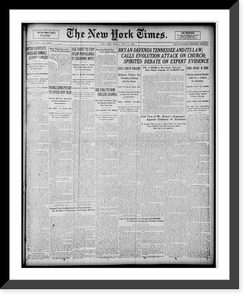 3 New York Times headlines of famous trials: July 17, 1925 - Scopes monkey" trial", Historic Reproduction