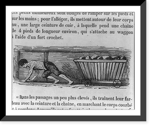Child pulling cart in coal mine shaft by chain attached to waist, Historic Print