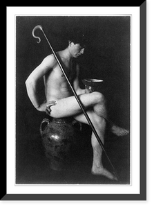 Historic Framed Print, [Nude man in studio with shepherd's crook, seated on urn],  17-7/8" x 21-7/8"