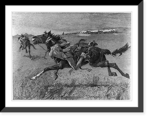 Historic Framed Print, [Illustration by Frederic Remington: Indians circling wagon train, using horses as shields],  17-7/8" x 21-7/8"