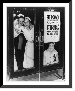 4 smiling girls in uniform behind closed glass doors; sign on door reads Sit-Down Strike/ Woolworth Workers/ help us win 40 hr. week/ dept store emp. union"", Antique Poster