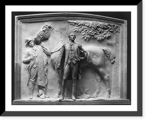 Marquis de Lafayette, sculpture, full length statue, facing right, in front of bas-relief of man holding horse by reins, Vintage Print