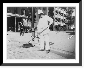 Historic Framed Print, [New York City]: Street sweeper and broom,  17-7/8" x 21-7/8"