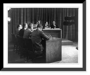 Pierre Mend&egrave;s-France as guest of Meet the Press, 21 Nov. 1954: Seated, with Mr. Brooks, and Mr. Vaurs, with 4 press panelists in foreground, Historic Reproduction