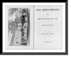 Title page and frontis. of Julia E. Smith, Abby Smith and Her Cows, 1877; showing woman in barnyard with 4 cows and 2 calves, Antique Print
