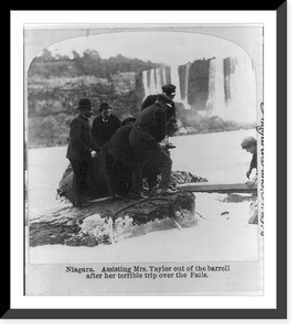 Niagara. Assisting Mrs. Anna E. Taylor out of the barrell sic after her terrible trip over the falls, Historic Print