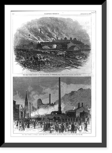 Historic Framed Print, The Great [railroad] Strike [Pittsburgh, Pa. 1877]: Burning of the Round-house at Pittsburgh; A funeral among the ruins... [2 scenes (single page)],  17-7/8" x 21-7/8"