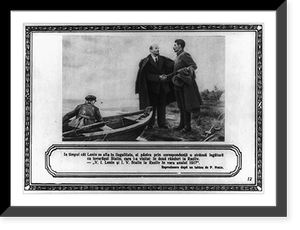 Lenin and Stalin shaking hands on river bank; beside rowboat, 1917, Antique Print