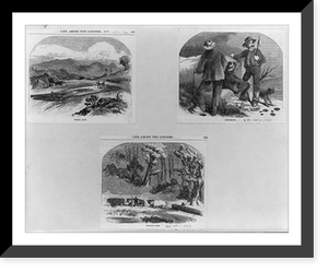 Three illustrations: 1. Timber raft; 2. Lumbermen; 3. Hauling logs by oxen, Antique Poster