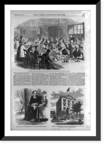 3 illus. of The Graham Institution for Aged and Indigent Females, Brooklyn, N.Y.: 1. The inmates at dinner; 2. Inmate in her room; 3. Exterior, Vintage Poster