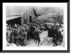 Inauguration ceremony of rolling canteen no. 3. Bersaglieri Band playing at left, Company of Arditi" with fixed bayonets at right, Italy", Vintage Print