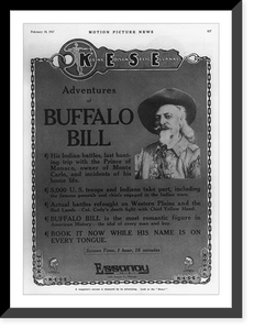 Advertisement for the movie Adventures of Buffalo Bill, illustrated with head and shoulders of William Cody, Vintage Poster