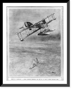 Historic Framed Print, Rigged as a sailing-boat: a German submarine submerging, sails and all, to avoid a British seaplane's bomb,  17-7/8" x 21-7/8"