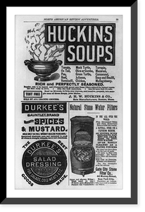 Historic Framed Print, [Two pages of advertisements for Columbia bicycle, Portable typewriter, Fischer piano, Curlyqueue hair curlers, Huckins Soups, Durkee's spices, mustard, & salad dressing, and natural stone water filter] - 2,  17-7/8" x 21-7/8"