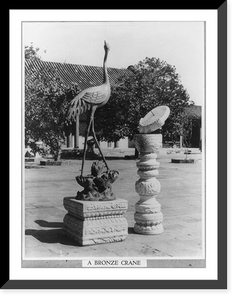 Historic Framed Print, [Statues at the Summer Palace, Peking, China]: A bronze crane [& white marble sun dial],  17-7/8" x 21-7/8"