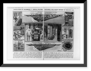 Historic Framed Print, Innovations in Shamrock V". including new winch method of hoisting sail",  17-7/8" x 21-7/8"
