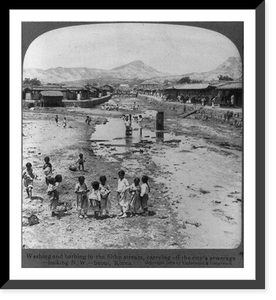 Washing and bathing in the filthy stream, carrying off the city's sewage, looking N.W., Seoul, Korea, Antique Wall Art