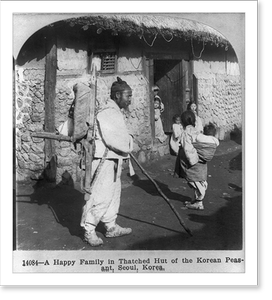 Vintage Americana Print - A happy family in thatched hut of the Korean