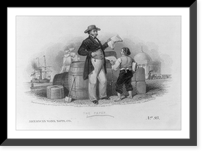 Merchant with goods at dock, buying newspaper from boy, Historic Reproduction