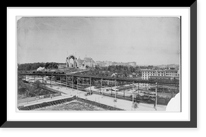 Historic Framed Print, [New York City: Morningside Park & Cathedral Heights - showing elevated railroad. Cathedral constr. in background],  17-7/8" x 21-7/8"