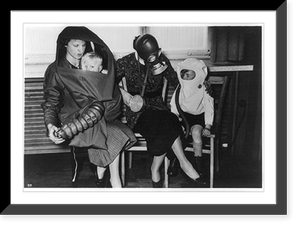Women and children demonstrating new gas masks; one worn by woman, one by child, and another by mother and child together, Antique Poster