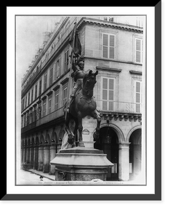 Historic Framed Print, [Equestrian statue by Emmanuel Fr&eacute;miet - Joan of Arc, full lgth., in armor, on horseback and carrying banner, Place des Pyramides, Paris],  17-7/8" x 21-7/8"