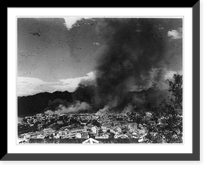 Bird's-eye view of fires started by Japanese bombing raid, China, Antique Print