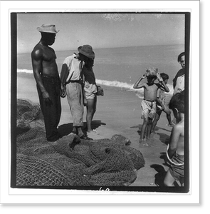 Antique Scenic Print - 7 people and large fishing net on beach