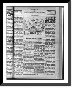 Historic Framed Print, [Front page of December 10, 1937, issue of the Weekly Island Lantern with typical news stories of interest to convicts and caricature of editor at typewriter with idea of editorial comment],  17-7/8" x 21-7/8"