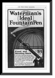 Advertisement showing Waterman's ideal fountain pen, replacing telescope, pointing to Halley's Comet at observatory, Antique Poster