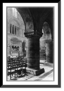 St. Bartholomew The Great, Norman Columns inside the church, London, England, Vintage Poster