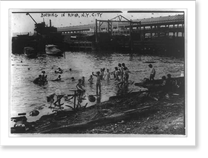 Vintage Landscape - City children - bathing nude in East River