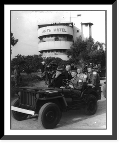Historic Framed Print, Casablanca, Morocco - Jan. 1943 - President Roosevelt in front of the Anfa Hotel, on his way to review troops of the American forces [in jeep; George S. Patton, Jr. in back seat],  17-7/8" x 21-7/8"