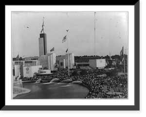 Bird's-eye view of New York World's Fair, showing the Soviet and Czechoslovakian Pavillions. At the left is the Lagoon of Nations, Vintage Print