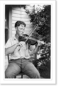 Black & White Photo - Wayne Perry playing fiddle, Crowley, Louisiana