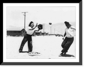 Historic Framed Print, [Girls of Japanese ancestry playing softball at war relocation authority center, Manzanar, California: Misao Skugimoto and Rose Maruki at third base],  17-7/8" x 21-7/8"
