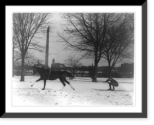 Man on skis being pulled by horse, with Washington Monument in background, Antique Poster