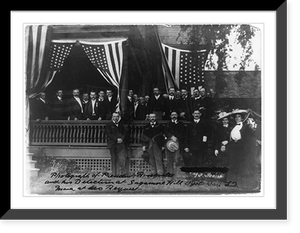 Historic Framed Print, [President Roosevelt and his detectives at Sagamore Hill, Oyster Bay, L.I., posed on porch with flags],  17-7/8" x 21-7/8"